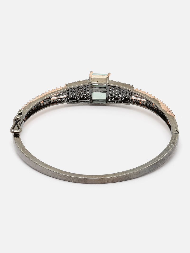 Rose Gold-Plated Gunmetal Toned Sea Green Square Shape American Diamond Studded Kada Bracelet