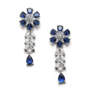 Rhodium-Plated Silver Toned Flower Navy Blue American Diamond Studded Necklace with Earrings Jewellery Set