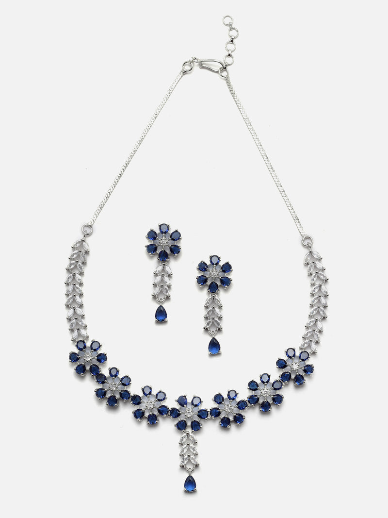 Rhodium-Plated Silver Toned Flower Navy Blue American Diamond Studded Necklace with Earrings Jewellery Set