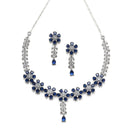 Rhodium-Plated Silver Toned Flower Navy Blue American Diamond Studded Necklace with Earrings Jewellery Set