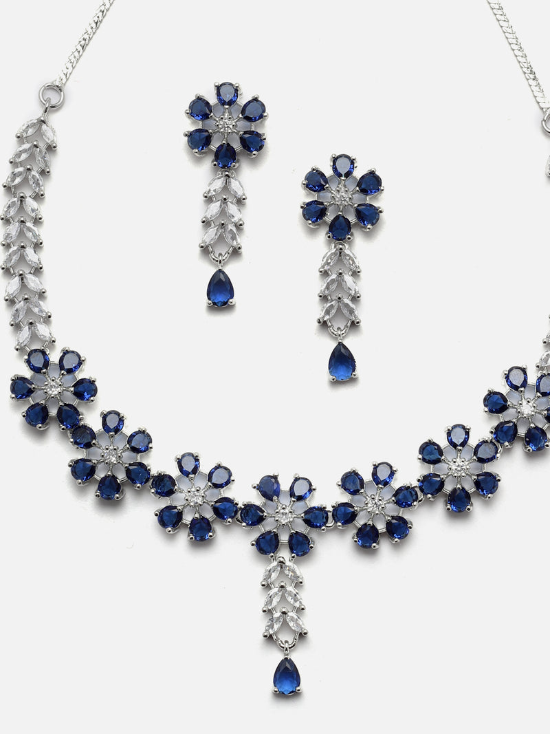 Rhodium-Plated Silver Toned Flower Navy Blue American Diamond Studded Necklace with Earrings Jewellery Set