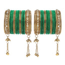 Gold-Plated Green Matte Finish Velvet AD Studded Gold Pearl Tasselled Bangles Set Of 56
