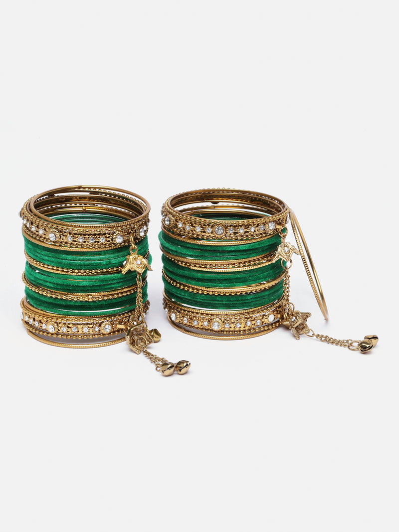 Gold-Plated Green Matte Finish Velvet AD Studded Gold Pearl Tasselled Bangles Set Of 56