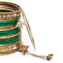 Gold-Plated Green Matte Finish Velvet AD Studded Gold Pearl Tasselled Bangles Set Of 56
