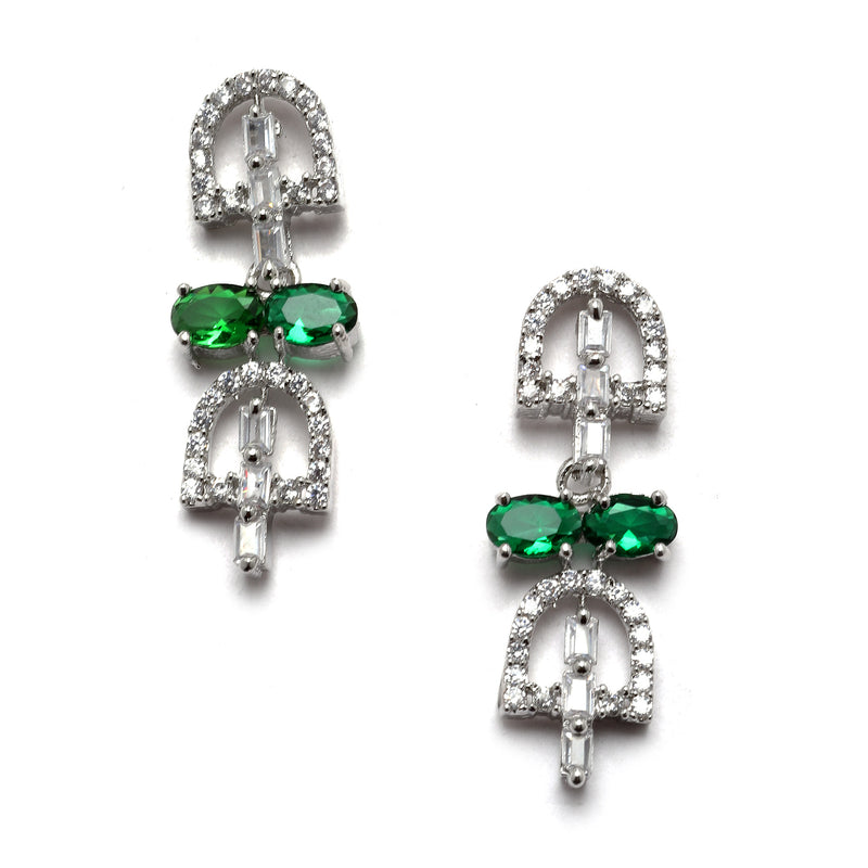 Rhodium-Plated Silver Toned Rectangle Green American Diamond Studded Necklace Earrings Jewellery Set