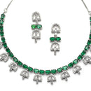 Rhodium-Plated Silver Toned Rectangle Green American Diamond Studded Necklace Earrings Jewellery Set