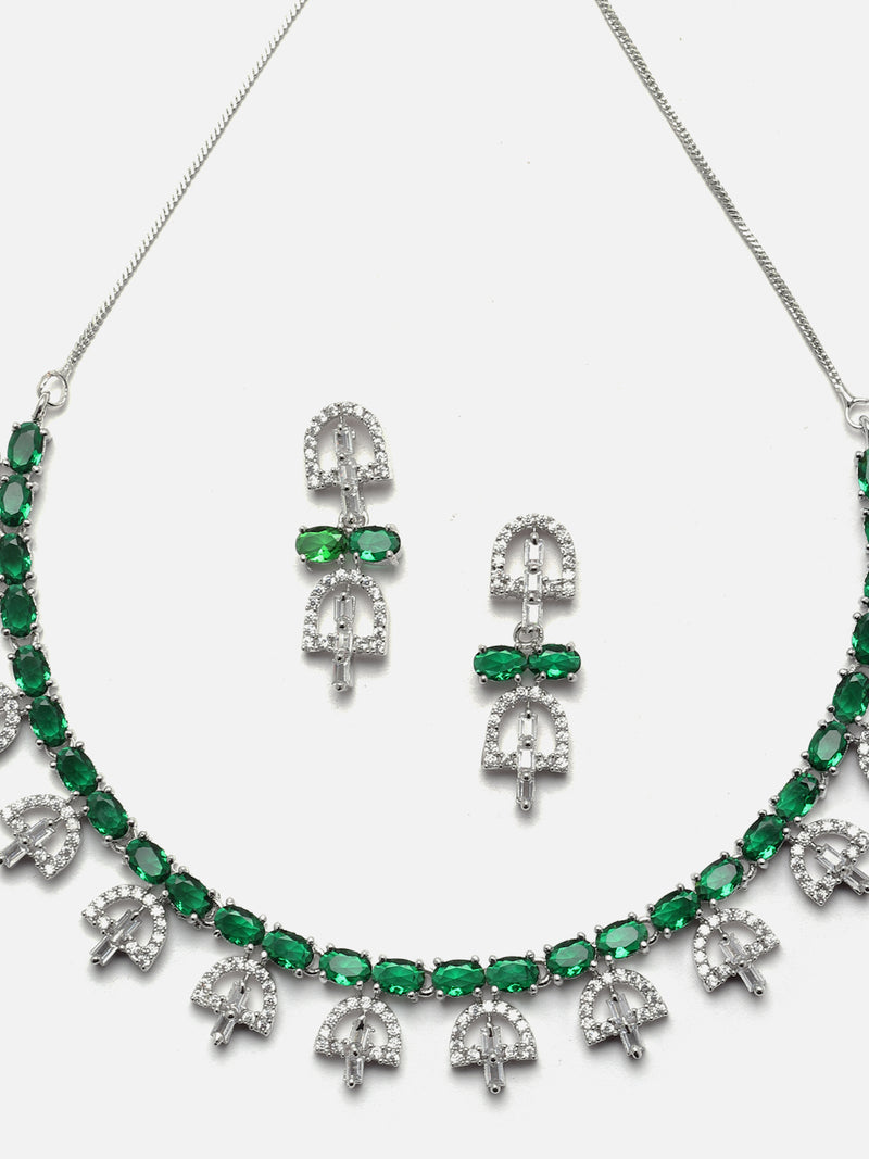 Rhodium-Plated Silver Toned Rectangle Green American Diamond Studded Necklace Earrings Jewellery Set