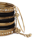 Gold-Plated Black Matte Finish Velvet AD Studded Gold Pearl Tasselled Bangles Set Of 56