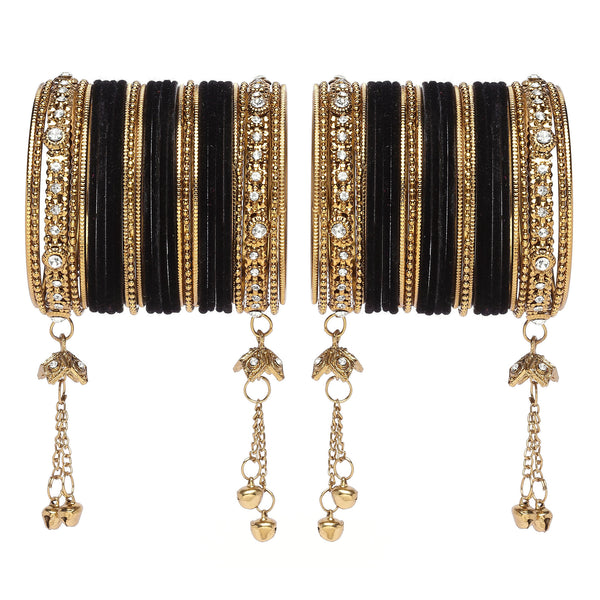 Gold-Plated Black Matte Finish Velvet AD Studded Gold Pearl Tasselled Bangles Set Of 56