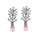 Rhodium-Plated Silver Toned Teardrop Pink American Diamond Studded Necklace Earrings Jewellery Set