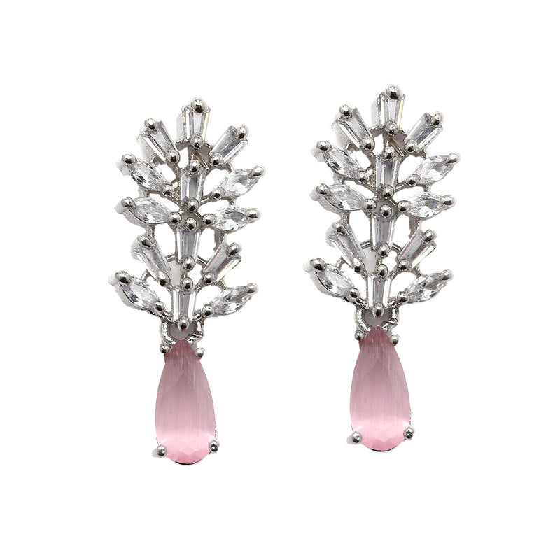Rhodium-Plated Silver Toned Teardrop Pink American Diamond Studded Necklace Earrings Jewellery Set