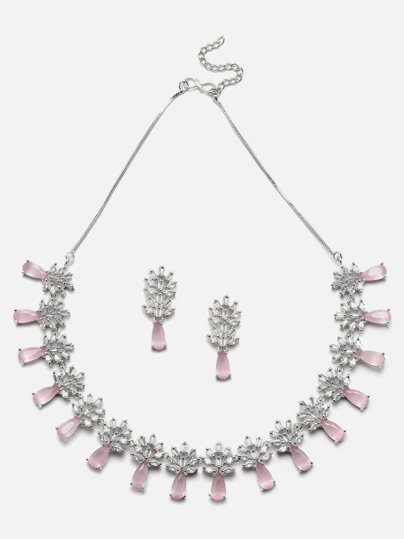 Rhodium-Plated Silver Toned Teardrop Pink American Diamond Studded Necklace Earrings Jewellery Set