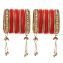 Gold-Plated Red Matte Finish Velvet American Diamond Studded Gold Pearl Tasselled Bangles Set Of 56