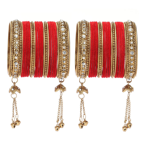 Gold-Plated Red Matte Finish Velvet American Diamond Studded Gold Pearl Tasselled Bangles Set Of 56