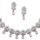 Rhodium-Plated Silver Toned Teardrop Pink American Diamond Studded Necklace Earrings Jewellery Set