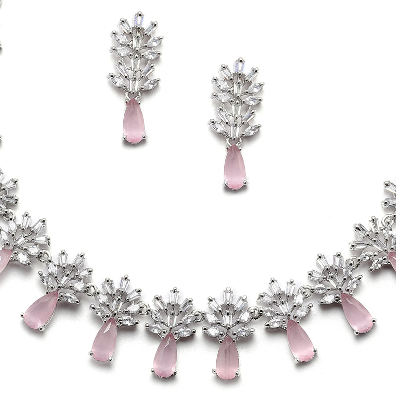 Rhodium-Plated Silver Toned Teardrop Pink American Diamond Studded Necklace Earrings Jewellery Set