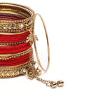 Gold-Plated Red Matte Finish Velvet American Diamond Studded Gold Pearl Tasselled Bangles Set Of 56