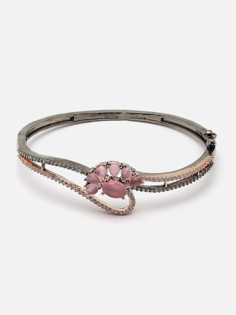 Rose Gold-Plated Gunmetal Toned Pink American Diamond Studded Floral Theme Kada Bracelet