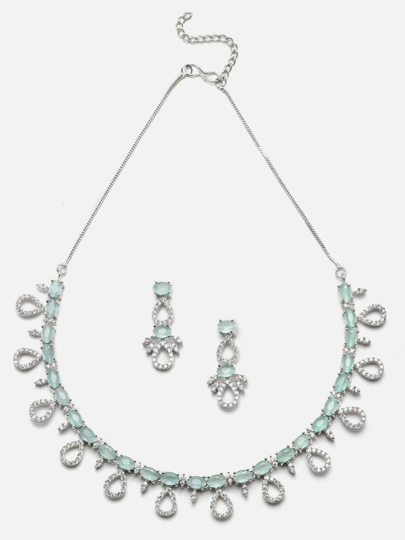 Rhodium-Plated Silver Toned Sea Green American Diamond Studded Necklace with Earrings Jewellery Set