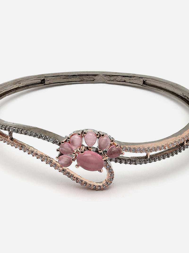 Rose Gold-Plated Gunmetal Toned Pink American Diamond Studded Floral Theme Kada Bracelet