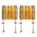 Gold-Plated Yellow Matte Finish Velvet AD Studded Gold Pearl Tasselled Bangles Set Of 56