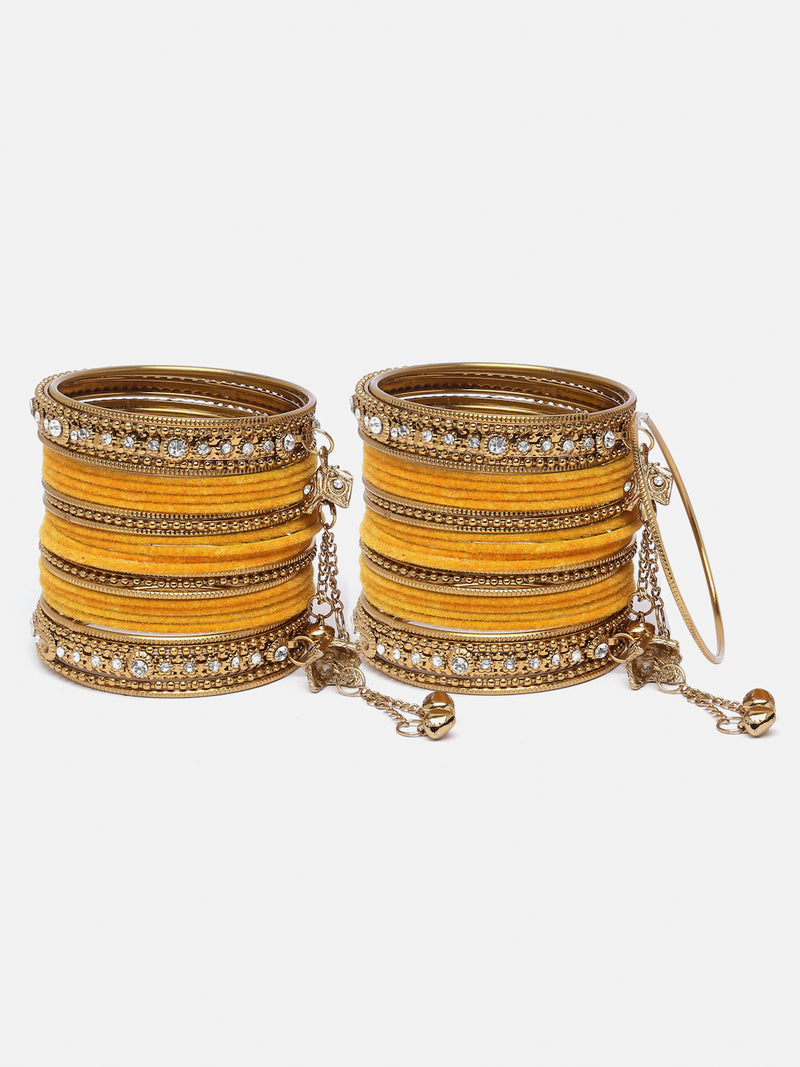 Gold-Plated Yellow Matte Finish Velvet AD Studded Gold Pearl Tasselled Bangles Set Of 56