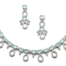 Rhodium-Plated Silver Toned Sea Green American Diamond Studded Necklace with Earrings Jewellery Set