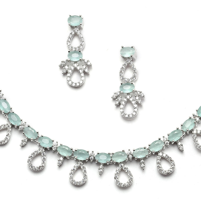 Rhodium-Plated Silver Toned Sea Green American Diamond Studded Necklace with Earrings Jewellery Set