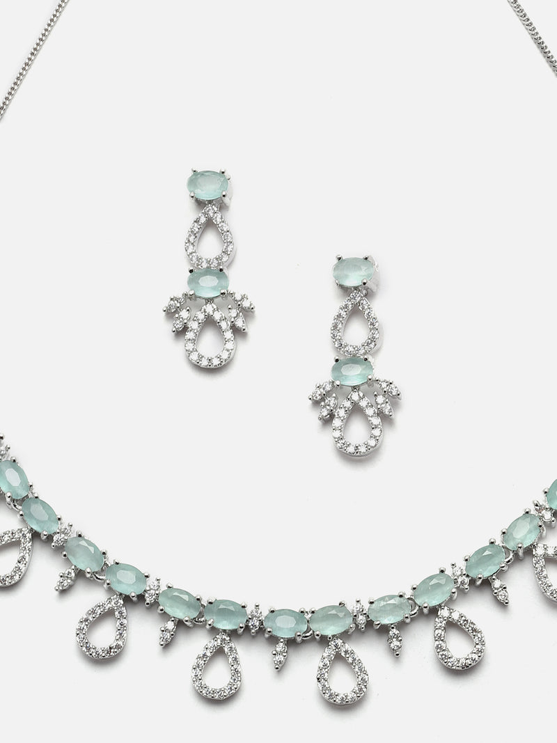 Rhodium-Plated Silver Toned Sea Green American Diamond Studded Necklace with Earrings Jewellery Set