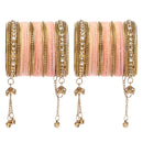 Gold-Plated Peach Matte Finish Velvet AD Studded Gold Pearl Tasselled Bangles Set Of 56