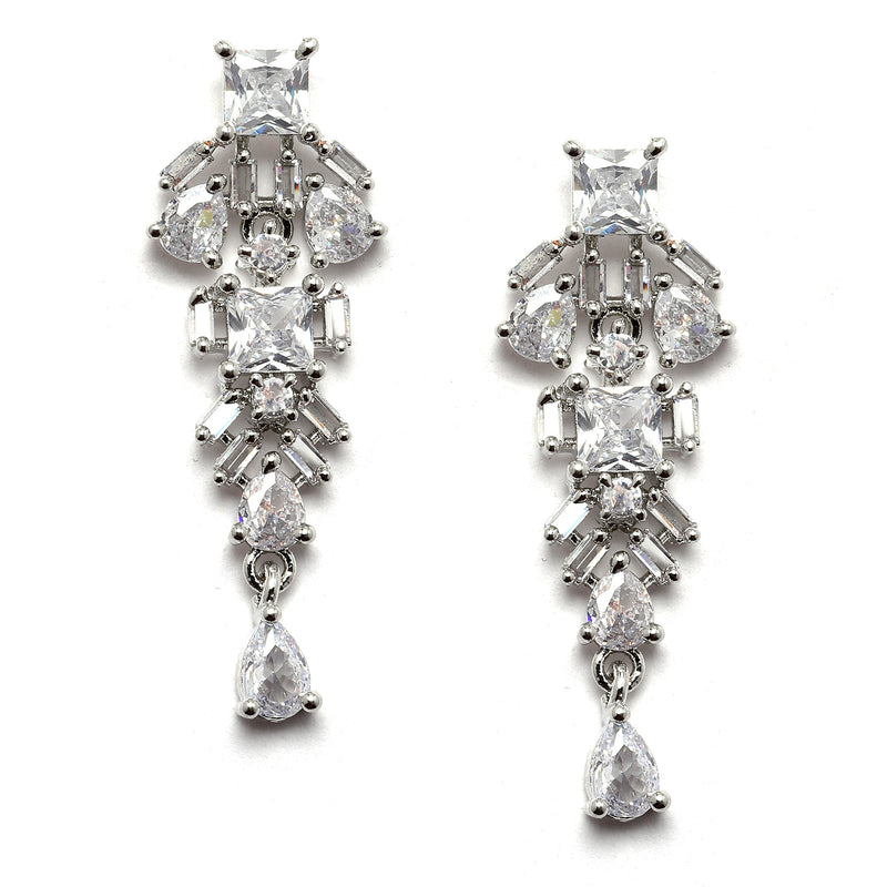 Rhodium-Plated Silver Toned Leaf White American Diamond Studded Necklace with Earrings Jewellery Set