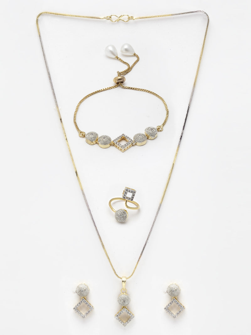 White & Gold-plated American Diamond Studded Jewellery Set Combo