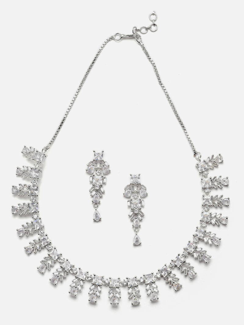 Rhodium-Plated Silver Toned Leaf White American Diamond Studded Necklace with Earrings Jewellery Set