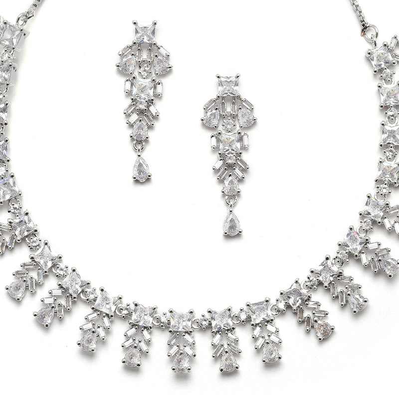 Rhodium-Plated Silver Toned Leaf White American Diamond Studded Necklace with Earrings Jewellery Set