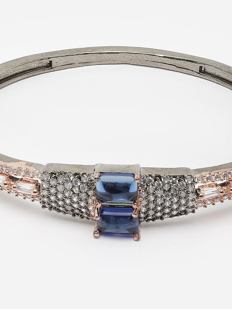 Rose Gold-Plated Gunmetal Toned Navy Blue Square Shape American Diamond Studded Kada Bracelet