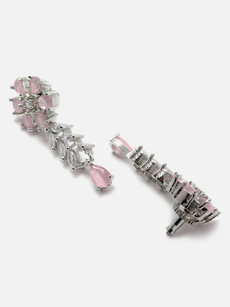 Rhodium-Plated Silver Toned Flower Pink American Diamond Studded Necklace with Earring Jewellery Set