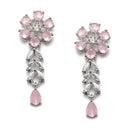 Rhodium-Plated Silver Toned Flower Pink American Diamond Studded Necklace with Earring Jewellery Set