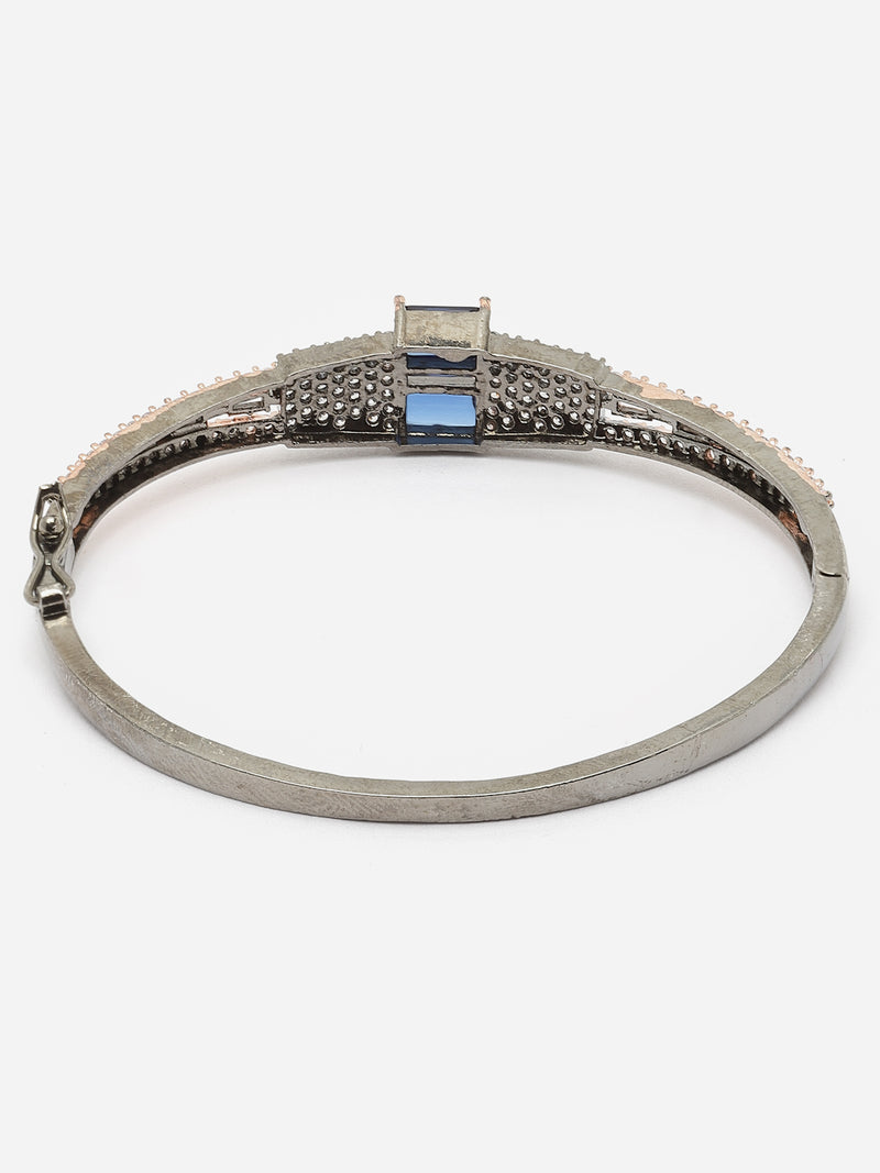 Rose Gold-Plated Gunmetal Toned Navy Blue Square Shape American Diamond Studded Kada Bracelet