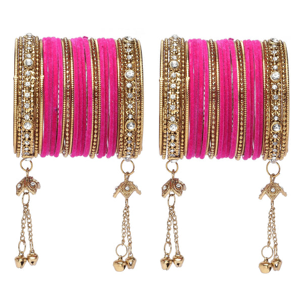 Gold-Plated Pink Matte Finish Velvet American Diamond Studded Gold Pearl Tasselled Bangles Set Of 56