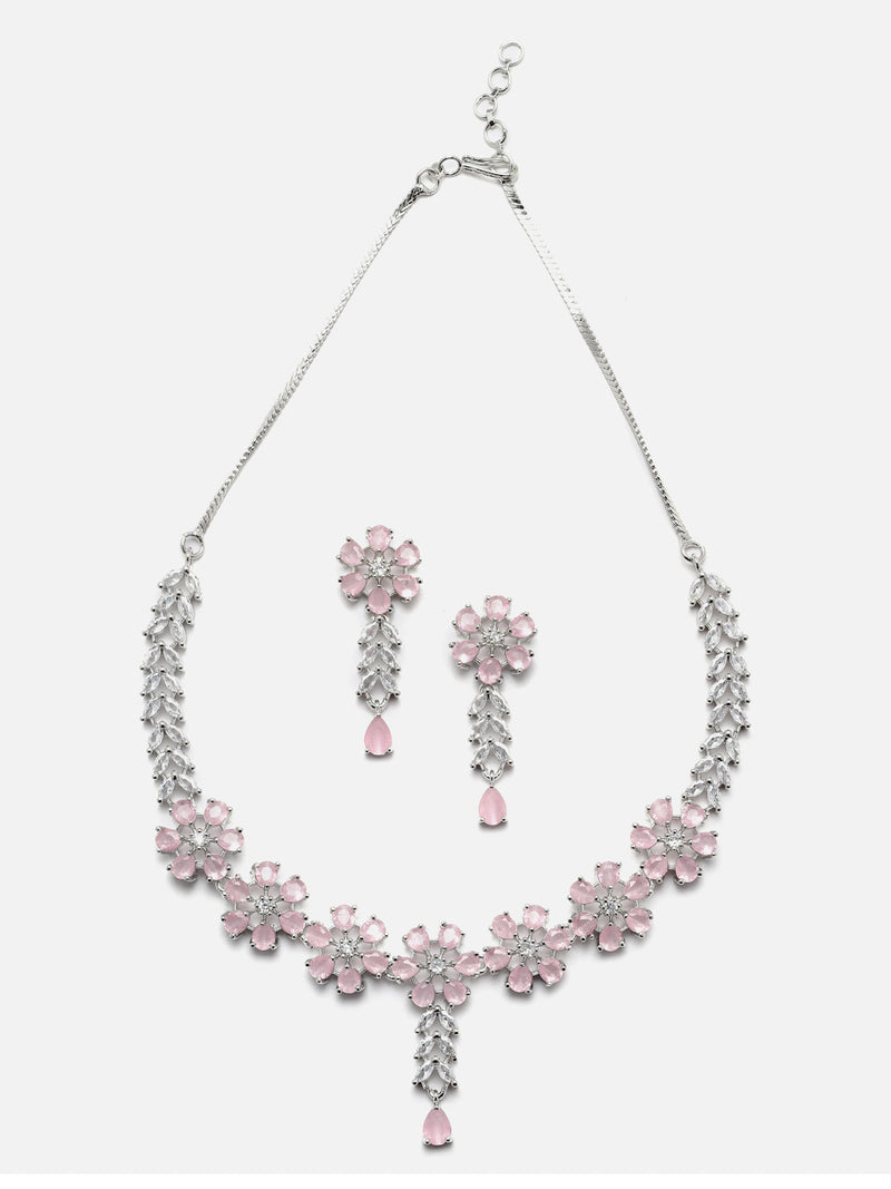 Rhodium-Plated Silver Toned Flower Pink American Diamond Studded Necklace with Earring Jewellery Set