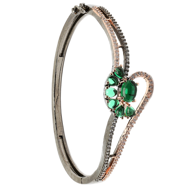 Rose Gold-Plated Black Toned Flower Shaped Emerald Green American Diamond Studded  Bracelet