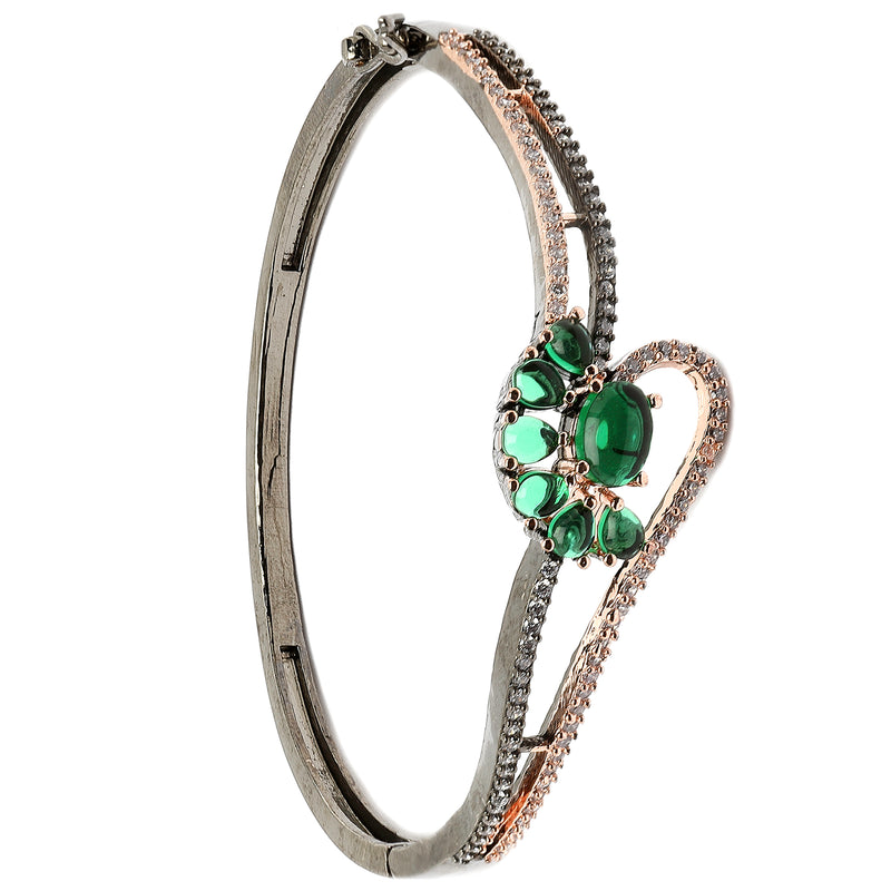 Rose Gold-Plated Black Toned Flower Shaped Emerald Green American Diamond Studded  Bracelet