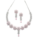 Rhodium-Plated Silver Toned Flower Pink American Diamond Studded Necklace with Earring Jewellery Set