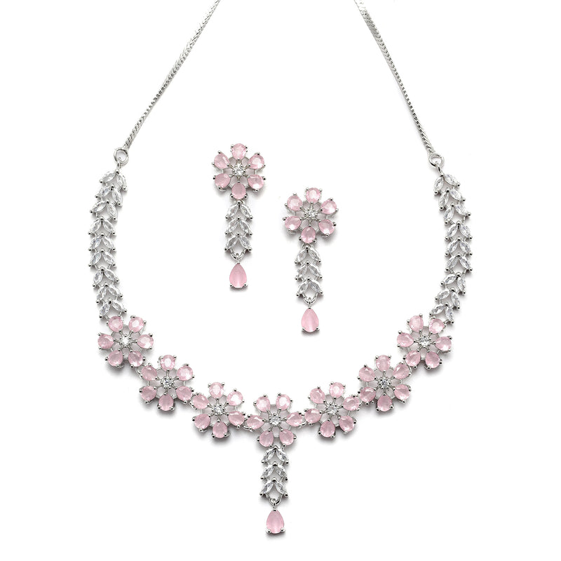 Rhodium-Plated Silver Toned Flower Pink American Diamond Studded Necklace with Earring Jewellery Set