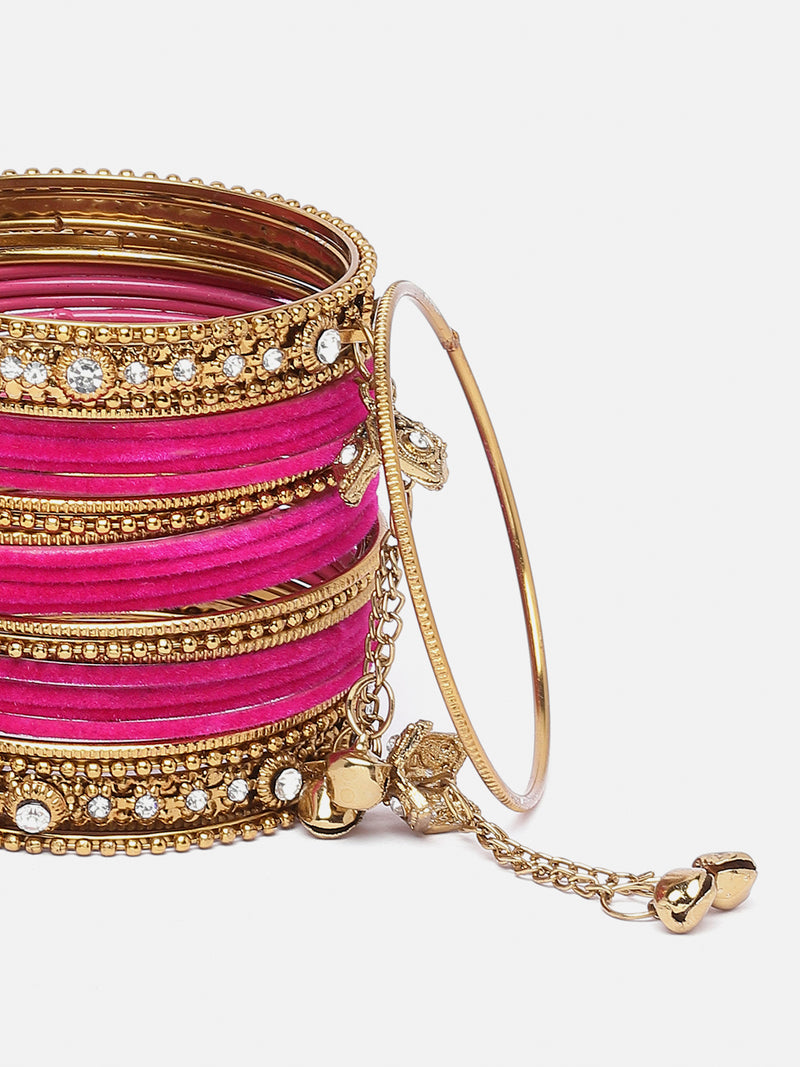 Gold-Plated Pink Matte Finish Velvet American Diamond Studded Gold Pearl Tasselled Bangles Set Of 56