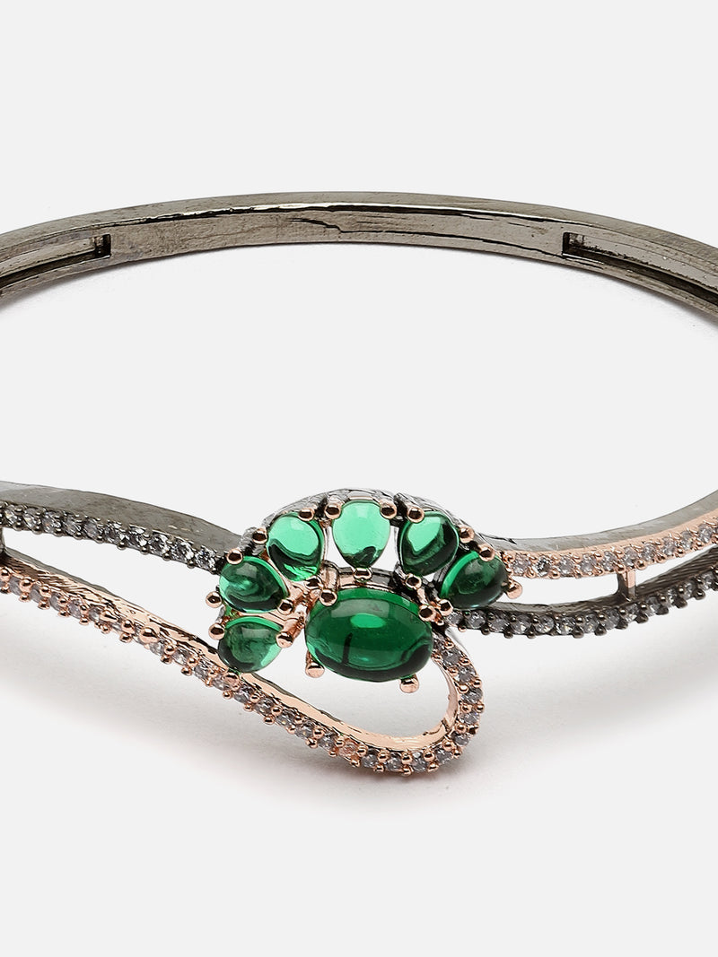 Rose Gold-Plated Gunmetal Toned Green American Diamond Studded Floral Theme Kada Bracelet