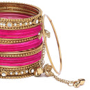 Gold-Plated Pink Matte Finish Velvet American Diamond Studded Gold Pearl Tasselled Bangles Set Of 56