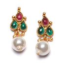 Gold-Plated Red & Green Cubic Zirconia White Pearl Studded Paisley Shaped Jewellery Set