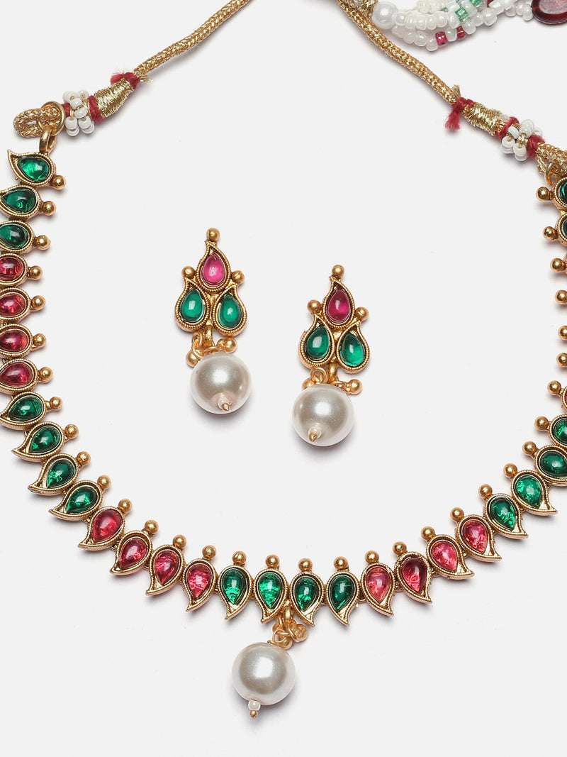 Gold-Plated Red & Green Cubic Zirconia White Pearl Studded Paisley Shaped Jewellery Set