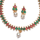 Gold-Plated Red & Green Cubic Zirconia White Pearl Studded Paisley Shaped Jewellery Set